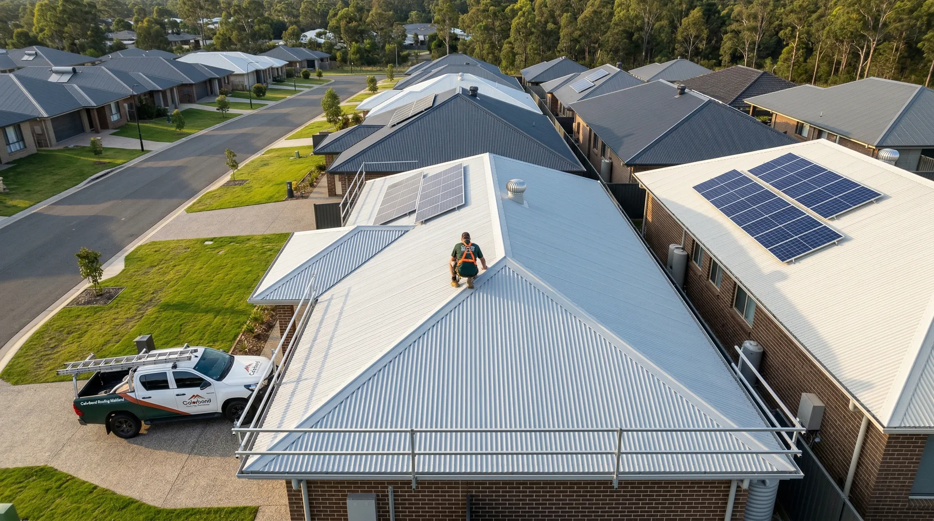 Aerial view of suburb rooftops in the Hunter Valley