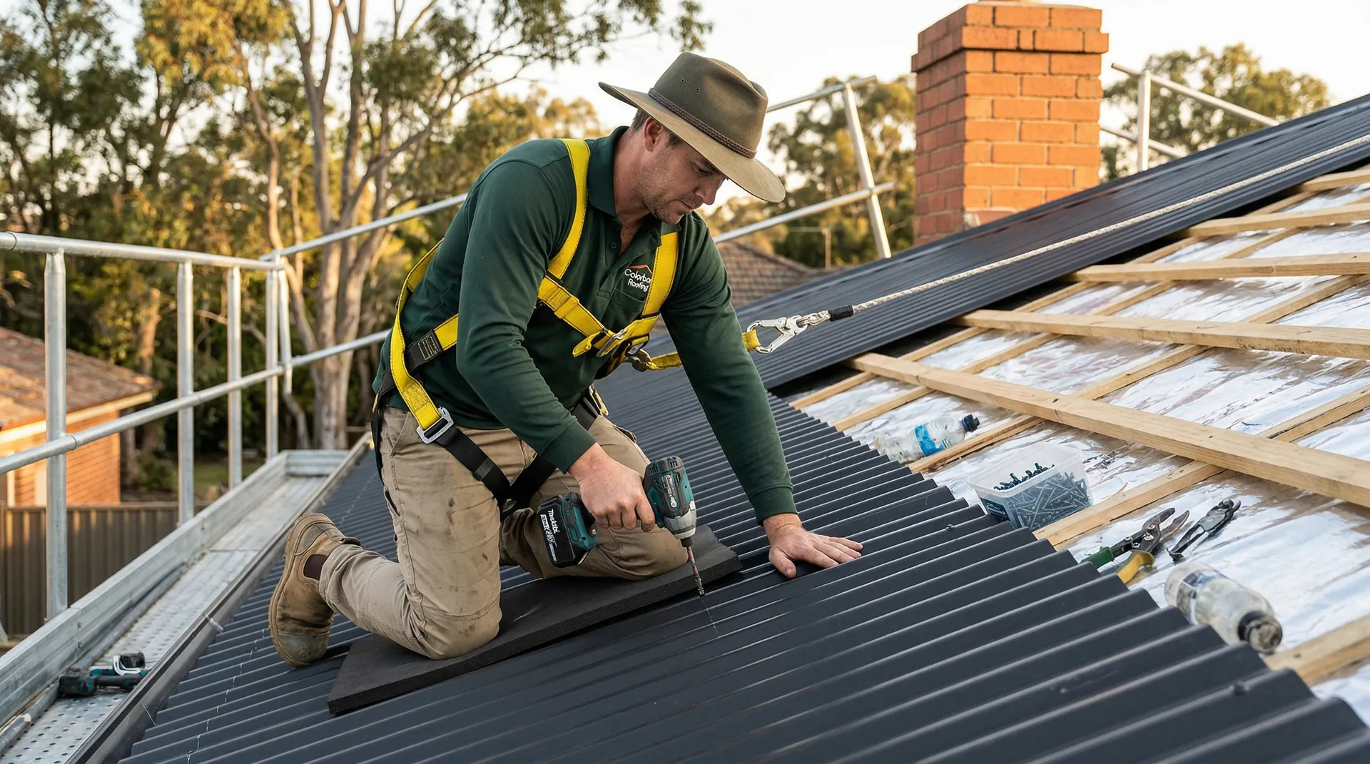 Professional roofer installing Colorbond steel roofing
